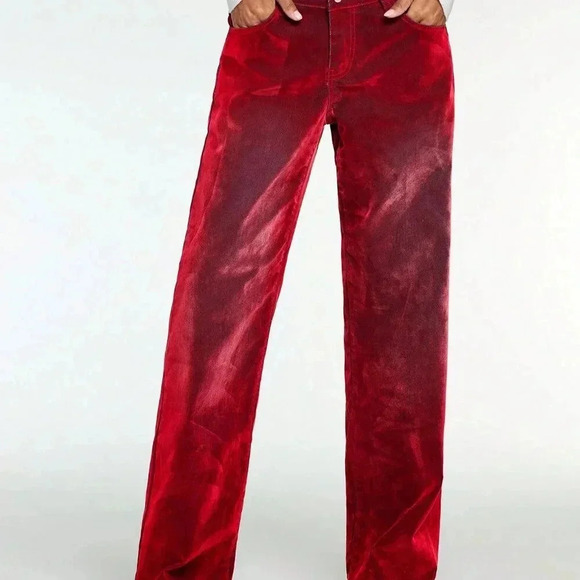 Red Casual Women's Fleeced Thick Loose High Waist Wide Leg Jeans - Picture 4 of 6